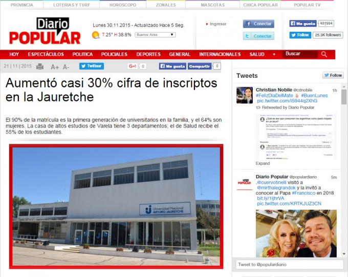 Aumentó casi 30% cifra de inscriptos en la Jauretche