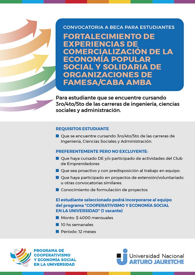 Convocatoria a beca para estudiantes " Fortalecimiento de experiencias de comercialización de la Economía Popular Social y Solidaria de organizaciones de FAMESA/CABA AMBA”