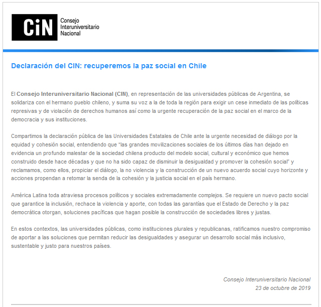 Declaración del CIN: recuperemos la paz social en Chile