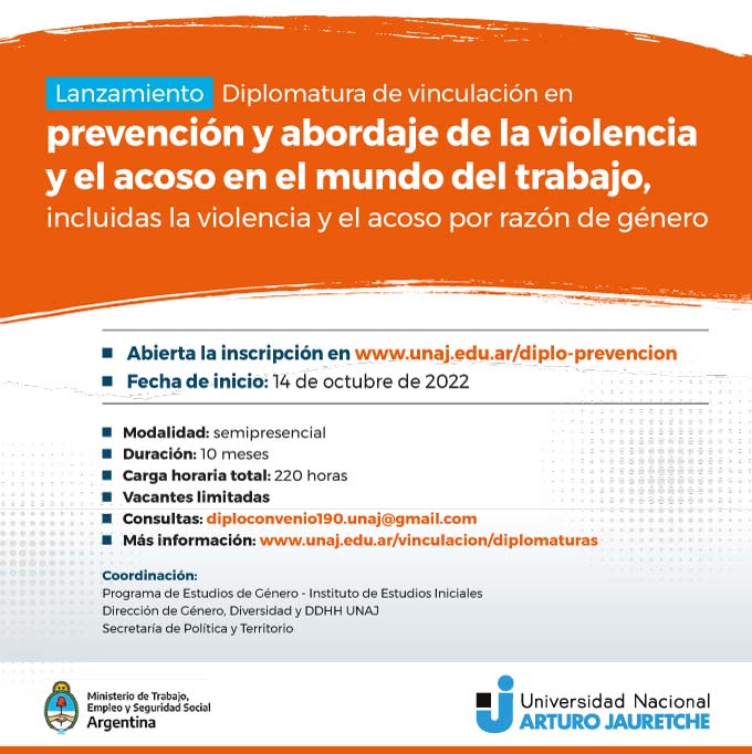 Se encuentra abierta la inscripción para la Diplomatura en Prevención y Abordaje de la Violencia y el Acoso en el Mundo del Trabajo, incluidas la violencia y el acoso por razón de género